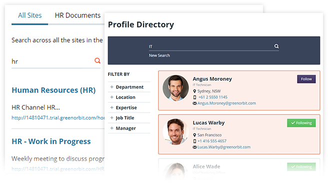 Screenshot of greenorbit enterprise search for hr and profile directory.