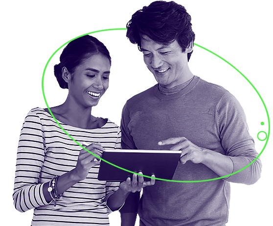 Man and Woman using a tablet together showing GreenOrbit Intranet experts.