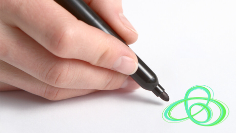A Hand holding a black marker drawing the GreenOrbit logo to show the rebranding of iD to GreenOrbit.