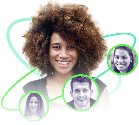 Woman in the middle with 3 smaller faces in front of her showing reduced workloads for GreenOrbit intranet.