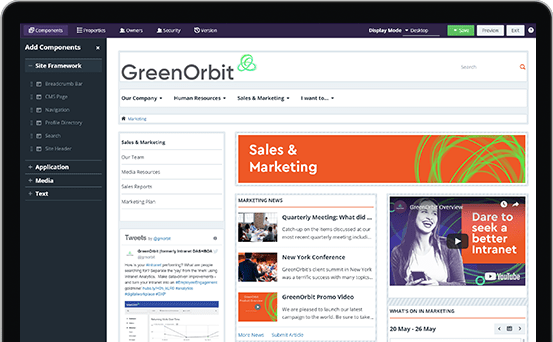 A group of icons shows different features of the GreenOrbit intranet software.