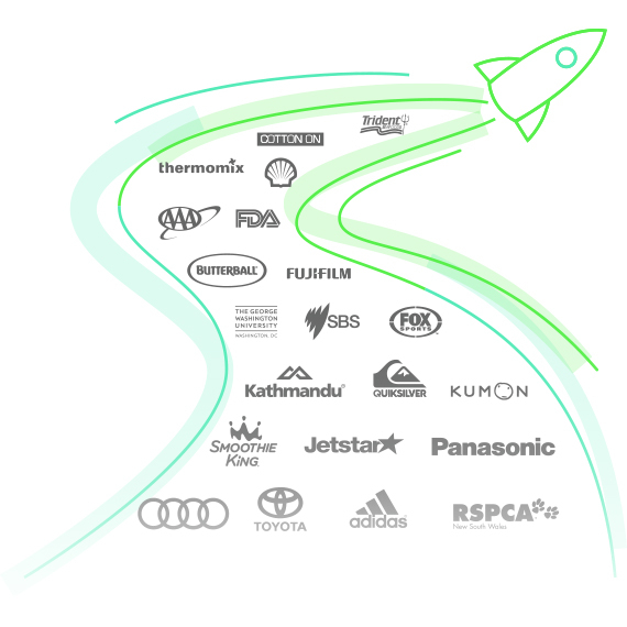 Space rocket with brands logos in the pathways it’s just travelled showing GreenOrbit Intranet is going further and faster.